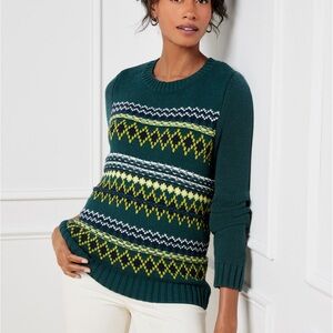 Talbots Green Fair Isle LS Crewneck Sweater w Yellow & White Diamond Design NWT
